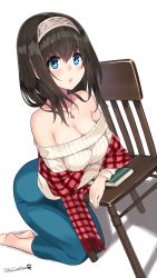 Rule 34 | 10s, 1girl, :o, arm support, bare shoulders, barefoot, black hair, blue eyes, blush, book, breasts, capri pants, chair, cleavage, collarbone, dutch angle, hairband, headband, highres, idolmaster, idolmaster cinderella girls, jewelry, kneeling, kuro chairo no neko, large breasts, leaning forward, long sleeves, looking at viewer, necklace, off-shoulder, off-shoulder sweater, open mouth, pants, pendant, ribbed sweater, sagisawa fumika, scarf, short hair, simple background, solo, sweater, tareme, twitter username, white background