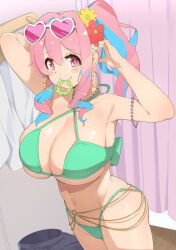 Rule 34 | 1girl, band (skymole01), bare arms, bare shoulders, bikini, breasts, commentary request, cowboy shot, eyewear on head, green bikini, hair between eyes, heart, heart-shaped eyewear, highres, hozuki kaede, large breasts, long hair, looking at viewer, mouth hold, navel, onii-chan wa oshimai!, pink eyes, pink hair, scrunchie, smile, solo, standing, stomach, sunglasses, swimsuit, thighs