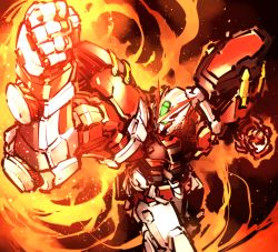 Rule 34 | burning, clenched hands, fire, glowing, glowing eyes, green eyes, gundam, gundam astray red frame, gundam seed, gundam seed astray, highres, ishiyumi, mecha, no humans, robot, solo