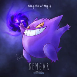 Rule 34 | brown eyes, character name, colored sclera, commentary request, creatures (company), dated, full body, game freak, gen 1 pokemon, gengar, grin, highres, nintendo, outstretched arms, pokemon, pokemon (creature), poponta (hi-key), shadow ball (pokemon), signature, smile, solo, teeth, yellow sclera