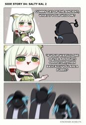 Rule 34 | 1girl, 1other, 3koma, alcohol, ambiguous gender, animal ear fluff, animal ears, arknights, artist name, bare shoulders, blush stickers, cat ears, cat girl, chair, chibi, comic, commentary, crying, cup, doctor (arknights), dress, drinking glass, english commentary, english text, green dress, green eyes, grey hair, highres, kal&#039;tsit (arknights), kinohara kossuta, meme, off-shoulder dress, off shoulder, panzer of the lake (meme), short hair, sitting, slippers, spotlight, wine, wine glass