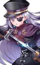 Rule 34 | 1girl, absurdres, borrowed character, drawing sword, earrings, eyepatch, flat chest, grey hair, hat, highres, holding, holding sword, holding weapon, huge filesize, jewelry, long hair, looking to the side, one eye covered, original, papa-kun (destiny549-2), red eyes, sheath, solo, sword, unsheathing, v-shaped eyebrows, very long hair, weapon