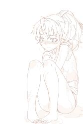 Rule 34 | 1girl, absurdres, ahoge, andou tazusa, assault lily, bare arms, bare legs, bare shoulders, barefoot, blush, closed mouth, commentary request, frilled shirt, frills, full body, greyscale, hand up, high ponytail, highres, knees up, kuro ula, looking at viewer, medium hair, monochrome, no pants, nose blush, panties, pigeon-toed, ponytail, puddle, shirt, simple background, sitting, sleeveless, sleeveless shirt, solo, toenails, underwear, water, wet, white background