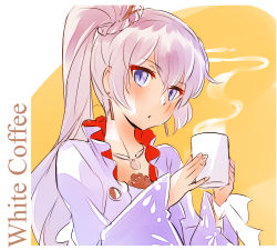 Rule 34 | 1girl, blowing, blue eyes, blush, coffee cup, cup, disposable cup, dress, earrings, english text, eyelashes, highres, holding, holding cup, iesupa, jewelry, long hair, long sleeves, looking at viewer, necklace, parted lips, pendant, rwby, side ponytail, silver hair, slit pupils, solo, steam, tsurime, two-handed, upper body, weiss schnee, white dress, wide sleeves, yellow background