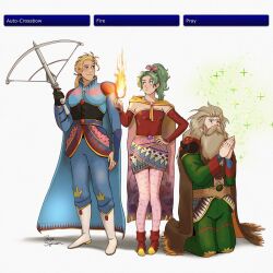 Rule 34 | 1girl, 2boys, armband, armor, banon (ffvi), beard, beard over mouth, belt, blonde hair, boots, bow (weapon), breastplate, brown hair, cape, crossbow, dress, earrings, edgar roni figaro, facial hair, final fantasy, final fantasy vi, fire, gradiant, green hair, hair ribbon, highres, jewelry, magic, multicolored clothes, multicolored skirt, multiple boys, necklace, pendant, ponytail, praying, ribbon, robe, shoulder armor, skirt, sparkle, strapless, strapless dress, tayasigerson, tina branford, user interface, weapon