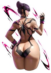 Rule 34 | 1girl, artist name, ass, ass focus, back, black background, black hair, bracelet, butt crack, collar, ethan69 (anhuzart), evil smile, fingerless gloves, gloves, glowing, glowing eye, han juri, hand on own hip, highres, huge ass, jewelry, looking back, sadism, smile, solo, spiked bracelet, spiked collar, spiked hair, spikes, street fighter, tattoo, tongue, tongue out, white background