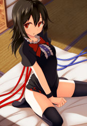 Rule 34 | 1girl, :o, asymmetrical wings, black hair, black thighhighs, blush, clothes pull, dress, feet, highres, houjuu nue, looking at viewer, no shoes, pspmaru, red eyes, short dress, short hair, sitting, solo, thighhighs, touhou, wings, zettai ryouiki
