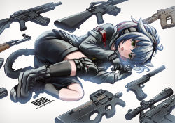 Rule 34 | 1girl, animal ears, ankle boots, arknights, beretta 92, black footwear, black gloves, black shorts, black socks, boots, bullpup, cat ears, cat girl, cat tail, ears down, fangs, full body, gloves, gun, handgun, headset, highres, jessica (arknights), knee pads, kneehighs, long hair, long sleeves, looking at viewer, lying, m16, m16a1, multicolored hair, on side, open mouth, persocon93, ponytail, red eyes, red hair, rifle, shorts, simple background, sniper rifle, socks, solo, tail, two-tone hair, weapon, weapon request, white background