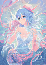 Rule 34 | 1girl, animal, artist name, atdan, bare shoulders, blue dress, blue eyes, blue hair, blush, breasts, breasts apart, closed mouth, collarbone, dress, fish, gloves, hair between eyes, hair intakes, haiyi, hands up, hat, highres, jellyfish, light particles, long hair, looking at viewer, medium breasts, mini hat, sleeveless, sleeveless dress, smile, solo, strapless, strapless dress, surreal, upper body, vocaloid, white gloves, white hat