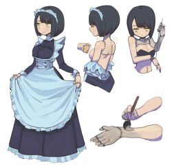 Rule 34 | 1girl, absurdres, apron, black hair, bottle, breasts, closed eyes, closed mouth, clothes lift, deent (30390450), frilled apron, frills, full body, green eyes, hands up, highres, holding, holding paintbrush, long sleeves, maid, maid headdress, medium breasts, multiple views, needle, original, paintbrush, painting (action), perfume bottle, sewing, sewing needle, short hair, simple background, skirt, skirt lift, smile, standing, stitched arm, stitched back, stitches, very short hair, white background, zombie