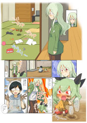 Rule 34 | 1boy, 2girls, :d, aged down, anchovy (girls und panzer), anzai romi, black hair, black pants, black ribbon, blank eyes, brown skirt, casual, chest of drawers, chibi, closed mouth, comic, commentary, commentary request, day, dirty, dirty clothes, dirty face, dirty hands, drawstring, drill hair, english commentary, flying sweatdrops, frown, girls und panzer, glasses, green hair, green jacket, grey hoodie, grey shirt, hair ribbon, highres, hood, hood down, hooded jacket, hoodie, indoors, jacket, jinguu (4839ms), kneeling, long hair, long skirt, long sleeves, looking at another, medium hair, messy room, mixed-language commentary, mother and daughter, mud, multiple girls, opaque glasses, open clothes, open jacket, open mouth, orange shirt, outdoors, pants, red eyes, red pants, ribbon, shirt, short hair, skirt, skirt grab, sleeves rolled up, sliding doors, smile, squatting, standing, sweatdrop, swept bangs, tatami, translation request, tsuji renta, turtleneck, twin drills, twintails, v-shaped eyebrows, v-shaped eyes, wooden floor