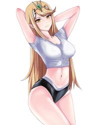 Rule 34 | 1girl, absurdres, arms up, black shorts, blonde hair, breasts, cleavage, crop top, highres, langspower, large breasts, long hair, looking at viewer, medium breasts, mythra (xenoblade), shirt, shorts, solo, standing, t-shirt, tiara, very long hair, white shirt, xenoblade chronicles (series), xenoblade chronicles 2, yellow eyes