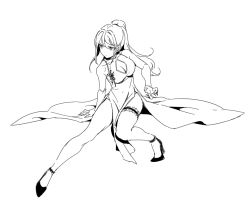 Rule 34 | 1girl, bare shoulders, breasts, china dress, chinese clothes, cleavage, cleavage cutout, closed mouth, clothing cutout, dress, fighting stance, greyscale, high heels, long hair, monochrome, original, pelvic curtain, ponytail, shoes, simple background, siun, solo, white background