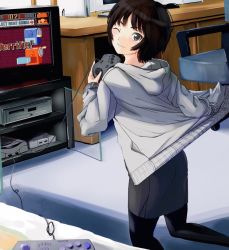 Rule 34 | 1girl, amagami, black pantyhose, black sky, blush, brown eyes, brown hair, chair, clothes lift, commentary, computer, controller, crt, desk, dvd player, from behind, from side, game console, game controller, glass door, grey hoodie, hand in pocket, highres, holding, holding controller, holding game controller, hood, hood down, hoodie, hoodie lift, irodori-classical, keyboard (computer), kneeling, lifting own clothes, looking at viewer, looking back, messy hair, monitor, mouse (computer), office chair, one eye closed, pantyhose, parted lips, pencil skirt, playstation 1, sega saturn, short hair, skirt, sky, smile, solo, swivel chair, tachibana miya, television