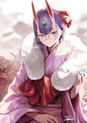 Rule 34 | 1girl, absurdres, bob cut, bow, breasts, choker, dress for demons, eyeliner, fate/grand order, fate (series), glasses, hat, headpiece, highres, horns, japanese clothes, kimono, long sleeves, looking at viewer, makeup, mini hat, obi, oni, pink hat, pink kimono, pointy ears, purple eyes, purple hair, red bow, sash, short hair, shuten douji (dress for demons) (fate), shuten douji (fate), skin-covered horns, small breasts, taino kou, wide sleeves