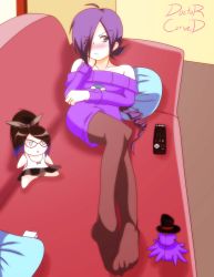 Rule 34 | 1girl, bare shoulders, blue eyes, blush, doctor cursed, doll, long hair, off-shoulder, off-shoulder sweater, purple hair, stuffed animal, stuffed toy, sweater, thighhighs, zone-tan