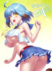 Rule 34 | 1girl, :d, ahoge, ass, blue hair, blue sailor collar, blue skirt, blush, borrowed character, breasts, brown hair, commentary request, commission, cropped shirt, curvy, eyes visible through hair, from side, green background, hair between eyes, hand up, large breasts, looking at viewer, medium hair, miniskirt, multicolored hair, neckerchief, no panties, open mouth, original, pleated skirt, sailor collar, shirt, signature, simple background, skeb commission, skirt, smile, solo, streaked hair, underboob, white shirt, yellow eyes, yellow neckerchief, zen (kamuro)