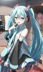 Rule 34 | 1girl, black skirt, black sleeves, black thighhighs, blue eyes, blue hair, blue nails, blue necktie, blush, collared shirt, commentary request, detached sleeves, finger to mouth, glowing, hair between eyes, hatsune miku, headphones, headset, highres, indoors, long sleeves, looking at viewer, microphone, nail polish, necktie, pentagon (railgun ky1206), pleated skirt, shirt, skirt, sleeveless, sleeveless shirt, solo, standing, tears, thighhighs, tie clip, tongue, tongue out, translation request, twintails, vocaloid, white shirt, wide sleeves