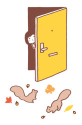 Rule 34 | . ., ^ ^, acorn, ambiguous gender, animal, autumn leaves, blush stickers, closed eyes, commentary request, door, doorknob, dot mouth, dot nose, closed eyes, facing viewer, flat color, from outside, hand up, happy, hirasawa minami, leaf, maple leaf, opening door, original, peephole, short hair, simple background, solo, squirrel, white background