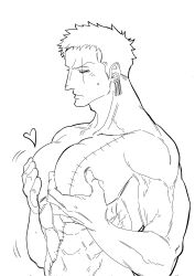 Rule 34 | 1boy, bangultoma33657, bara, blush, from side, grabbing, greyscale, heart, highres, large pectorals, male focus, monochrome, motion lines, muscular, muscular male, nude, one piece, pectoral grab, pectorals, roronoa zoro, short hair, sideburns, solo, upper body