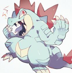 Rule 34 | akadako, animal focus, bags under eyes, claws, constricted pupils, creatures (company), feraligatr, full body, game freak, gen 2 pokemon, grey background, grey outline, hands up, looking at viewer, nintendo, no humans, notice lines, one-hour drawing challenge, open mouth, pokemon, pokemon (creature), red eyes, sharp teeth, simple background, slit pupils, solo, standing, teeth, tongue, tongue out
