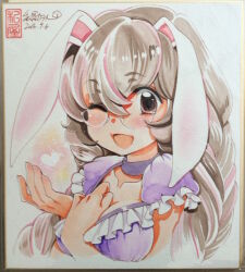 Rule 34 | 1girl, animal ears, blush, braid, breasts, brown eyes, choker, cleavage, commentary request, dress, frilled dress, frills, glasses, grey hair, hand on own chest, heart, kodomo no jikan, long hair, looking at viewer, lop rabbit ears, medium breasts, official art, one eye closed, open mouth, oppai loli, painting (medium), photo (medium), purple choker, purple dress, rabbit ears, shikishi, short sleeves, solo, traditional media, twin braids, upper body, usa mimi, watashiya kaworu, watercolor (medium)