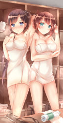 Rule 34 | 2girls, absurdres, blue eyes, blush, bottle, breasts, brown hair, changing room, cleavage, hair ornament, hair up, highres, large breasts, long hair, looking at viewer, multiple girls, mutsu (warship girls r), nagato (warship girls r), naked towel, open mouth, towel, very long hair, warship girls r, water bottle, wet, zhou yu (ppaaqz1995)