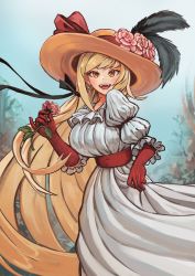 Rule 34 | 1girl, absurdres, blonde hair, breasts, ears through headwear, fang, feathered hat, flower, flower on hat, gloves, hat, highres, kiss-shot acerola-orion heart-under-blade, kizumonogatari, large breasts, long hair, looking at viewer, monogatari (series), open mouth, oshino shinobu, ricman rt, smile, solo, tagme, vampire, very long hair, wide brim, yellow eyes