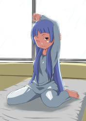 Rule 34 | 00s, barefoot, blue hair, blunt bangs, kannagi, long hair, maguro (fufu), nagi, pajamas, purple eyes