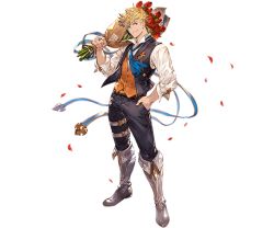 Rule 34 | 10s, 1boy, alpha transparency, ascot, blonde hair, boots, bouquet, flower, full body, granblue fantasy, hand in pocket, jewelry, male focus, minaba hideo, official art, petals, ring, rose, rose petals, short hair, smile, solo, standing, the dragon knights, transparent background, vane (granblue fantasy), vane (the dragon knights) (granblue fantasy), vest, waistcoat
