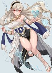 Rule 34 | 1girl, alternate costume, armlet, bare shoulders, black hairband, blush, breasts, closed mouth, commentary request, corrin (female) (fire emblem), corrin (fire emblem), dancer (fire emblem: three houses), dress, fingernails, fire emblem, fire emblem: three houses, fire emblem fates, floating hair, gladiator sandals, grey hair, hair between eyes, hairband, highres, jewelry, lips, long hair, looking at viewer, medium breasts, necklace, nintendo, pelvic curtain, pink lips, pointy ears, red eyes, sandals, sleeveless, sleeveless dress, snow20200, solo, thighs, twitter username, white dress