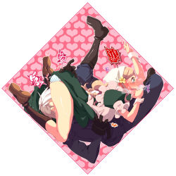 Rule 34 | 1boy, 1girl, accident, ass, axis powers hetalia, blonde hair, blue eyes, blush, breath, highres, hungary (hetalia), keiko rin, panties, prussia (hetalia), revision, sitting, sitting on face, sitting on person, striped clothes, striped panties, underwear