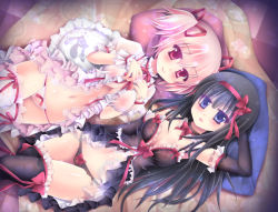 Rule 34 | 10s, 2girls, akemi homura, babydoll, bed, black hair, black panties, black thighhighs, blush, bow, bow legwear, bow panties, breasts, choker, crossed legs, frilled legwear, frills, hair ribbon, kaname madoka, kyubey, lace, lace-trimmed panties, lace trim, lingerie, long hair, looking at viewer, lying, mahou shoujo madoka magica, mahou shoujo madoka magica (anime), multiple girls, nipples, on back, open mouth, panties, pillow, pink eyes, pink hair, pink panties, purple eyes, ribbon, see-through, short hair, short twintails, skf, smile, string panties, thighhighs, twintails, underwear, underwear only