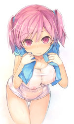 Rule 34 | 1girl, blush, breasts, cleavage, closed mouth, collarbone, commentary request, covered erect nipples, covered navel, hair between eyes, hands up, kurasuke, large breasts, looking at viewer, old school swimsuit, one-piece swimsuit, original, pink hair, red eyes, school swimsuit, see-through, simple background, solo, swimsuit, thigh gap, towel, towel around neck, twintails, wet, white background, white one-piece swimsuit, white school swimsuit