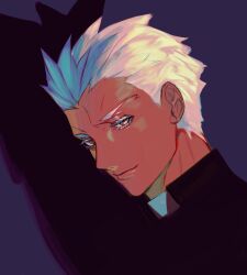 Rule 34 | 1boy, archer (fate), baragi, blue background, cassock, closed mouth, colored eyelashes, fate/stay night, fate (series), grey eyes, highres, male focus, priest, short hair, simple background, smile, solo, stole, tan, upper body, white hair