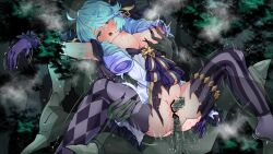 Rule 34 | 1girl, 2boys, :o, absurdres, anal, ass, black bow, blush, bow, breasts, double penetration, drill hair, gloves, green hair, gwen (league of legends), hair bow, highres, kurarome, large breasts, league of legends, long hair, mist walker (league of legends), multicolored background, multiple boys, nipples, purple gloves, pussy, rape, sex, spread legs, striped clothes, striped thighhighs, tears, thighhighs, torn clothes, torn thighhighs, twin drills, twintails, vaginal
