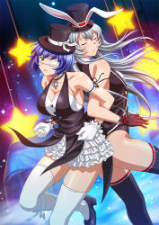 Rule 34 | 00s, 2girls, animal ears, armpits, back-to-back, bare shoulders, black gloves, black legwear, black ribbon, blue hair, bow, breasts, chouun shiryuu, cleavage, closed eyes, collarbone, costume, eyebrows, eyepatch, fake animal ears, gloves, green eyes, hat, ikkitousen, jewelry, large breasts, locked arms, long hair, looking at viewer, mole, mole under mouth, multiple girls, necklace, rabbit ears, red bow, ribbon, ryomou shimei, shiny clothes, shiny skin, short hair, silver hair, smile, star (symbol), thighhighs, white gloves, white legwear