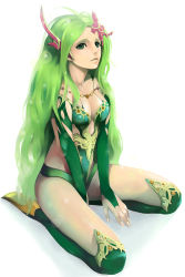 Rule 34 | 1990s (style), 1girl, between thighs, boots, breasts, cleavage, elbow gloves, final fantasy, final fantasy iv, final fantasy iv: the after years, fingerless gloves, gloves, green eyes, green footwear, green hair, itori (clarice note), jewelry, knee boots, kneeling, lips, long hair, matching hair/eyes, medium breasts, necklace, aged up, rydia (ff4), seiza, sitting, solo, thighs