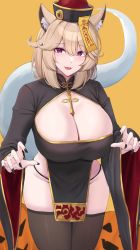 Rule 34 | 1girl, absurdres, animal ear fluff, animal ears, arknights, black nails, blush, breasts, brown hair, chinese clothes, cleavage, cleavage cutout, clothing cutout, curvy, dress, fang, halloween, halloween costume, hat, highres, jiangshi costume, kanta (kanta 077), large breasts, long sleeves, looking at viewer, nail polish, ofuda, open mouth, purple eyes, qingdai guanmao, sleeves past wrists, smile, solo, tail, thighhighs, thighs, utage (arknights), wide hips, wide sleeves