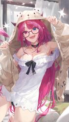 Rule 34 | 1girl, :d, absurdres, armpits, arms up, bare shoulders, black-framed eyewear, black choker, black panties, blue eyes, breasts, brown jacket, camisole, choker, cleavage, earrings, glasses, heterochromia, highres, hololive, hololive english, horns, indoors, irys (hololive), jacket, jewelry, jushoro, kneeling, large breasts, long hair, long sleeves, looking at viewer, mismatched earrings, multicolored hair, necklace, open clothes, open jacket, open mouth, panties, pointy ears, purple eyes, purple hair, red hair, smile, solo, sparkle, streaked hair, teeth, two-tone hair, unbuttoned, underwear, upper teeth only, very long hair, virtual youtuber, white camisole