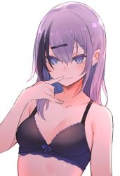 Rule 34 | 1girl, bare shoulders, black bra, black hair, blush, bra, breasts, closed mouth, collarbone, commentary request, finger to mouth, hair between eyes, hair ornament, hairclip, highres, kinukawa chinatsu, long hair, looking at viewer, multicolored hair, original, otokuyou, purple hair, simple background, smile, solo, two-tone hair, underwear, upper body, white background