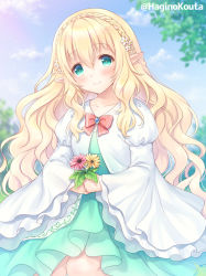 Rule 34 | 1girl, blonde hair, blue sky, blurry, blurry background, blush, bow, braid, closed mouth, cloud, collarbone, commission, crown braid, day, depth of field, dress, flower, green dress, green eyes, hagino kouta, hair between eyes, hair flower, hair ornament, head tilt, holding, holding flower, jacket, juliet sleeves, long hair, long sleeves, looking at viewer, original, outdoors, pink flower, pointy ears, puffy sleeves, red bow, skeb commission, sky, smile, solo, twitter username, very long hair, white flower, white jacket, wide sleeves, yellow flower