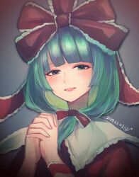 Rule 34 | 1girl, arm ribbon, blunt bangs, bow, dated, frilled bow, frilled ribbon, frills, front ponytail, green eyes, green hair, hair bow, hair ribbon, highres, kagiyama hina, looking at viewer, open mouth, own hands clasped, own hands together, red bow, red ribbon, ribbon, smile, solo, sui sou p, touhou, twitter username