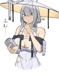 Rule 34 | 1girl, absurdres, armor, breasts, can, cleavage, clothing cutout, covered navel, cropped torso, goddess of victory: nikke, goma., grey hair, hair ornament, hair stick, hand on own chin, hat, highres, holding, holding can, japanese armor, jingasa, large breasts, large hat, leotard, long hair, scarlet (nikke), shoulder armor, sidelocks, simple background, sode, solo, white background, white leotard, yellow eyes