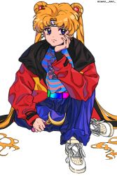 Rule 34 | 1980s (style), 1girl, alternate costume, artist name, bishoujo senshi sailor moon, blonde hair, blue eyes, casual, chanran, crescent, crescent earrings, earrings, female focus, head rest, headband, highres, jewelry, long hair, looking at viewer, moon stick, oldschool, parted bangs, retro artstyle, sailor moon, simple background, sitting, solo, tsukino usagi, twitter username, very long hair, white background