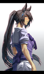 Rule 34 | 1girl, animal ears, arms at sides, back bow, bare arms, bare shoulders, black hair, blue eyes, bow, clothing cutout, cowboy shot, ear ornament, from side, high ponytail, highres, horse ears, horse girl, horse tail, letterboxed, light blush, lips, long hair, looking at viewer, parted lips, pleated skirt, purple bow, sailor collar, school uniform, shirt, sideways glance, skirt, solo, suwa763, symboli kris s (umamusume), tail, tail through clothes, tan, tracen school uniform, umamusume, very long hair, white skirt