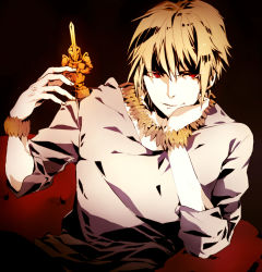Rule 34 | 1boy, blonde hair, bracelet, casual, chess piece, fate (series), gilgamesh (fate), highres, jewelry, male focus, necklace, official alternate costume, red eyes, solo, usus0x0, v-neck
