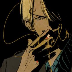 Rule 34 | 1boy, black background, black jacket, blonde hair, blue shirt, cigarette, close-up, curly eyebrows, fengcheche, hair over one eye, holding, holding cigarette, jacket, looking at viewer, male focus, one piece, sanji (one piece), shirt, short hair, smile