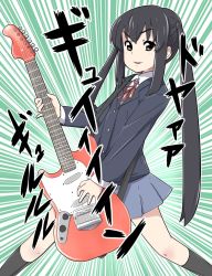 Rule 34 | 1girl, bad id, bad pixiv id, black hair, brown eyes, emphasis lines, guitar, hisano1202, instrument, k-on!, long hair, nakano azusa, school uniform, solo, speed lines, twintails
