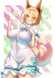 Rule 34 | 1girl, animal ears, blonde hair, blush, breasts, cowboy shot, eyes visible through hair, fang, fox ears, fox shadow puppet, fox tail, hair between eyes, hand on own chest, kudamaki tsukasa, large breasts, looking at viewer, paw print, paw print background, romper, short hair, smile, solo, tail, touhou, wildcat (kusonemi), yellow eyes